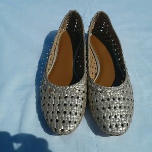 Halston Irene Gold Leather Woven Flats